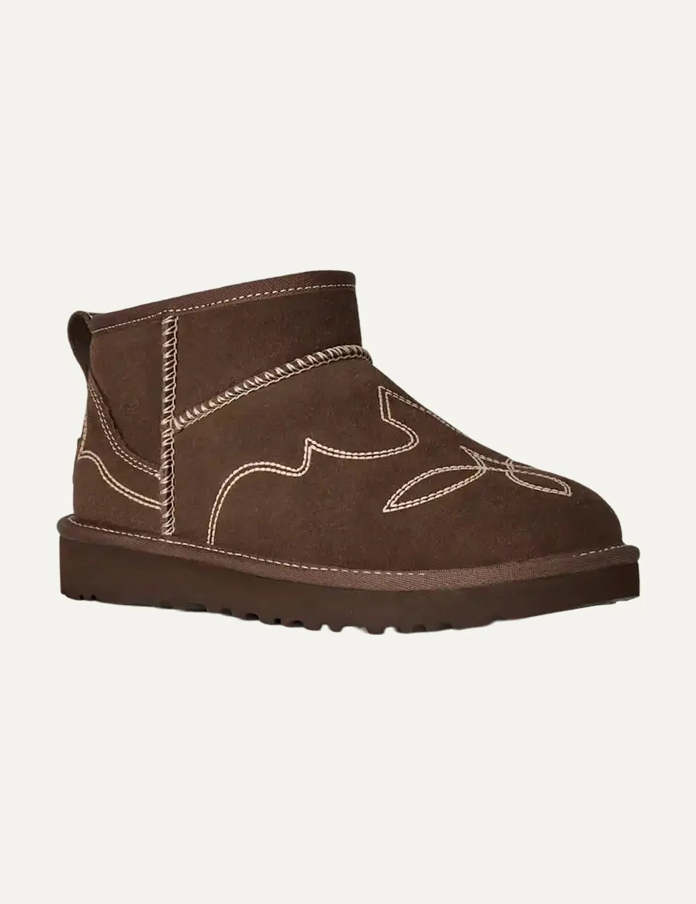 UGG Women’s Dark Brown Suede Classic Ultra Mini Western Boots with Beige Embroidery angled