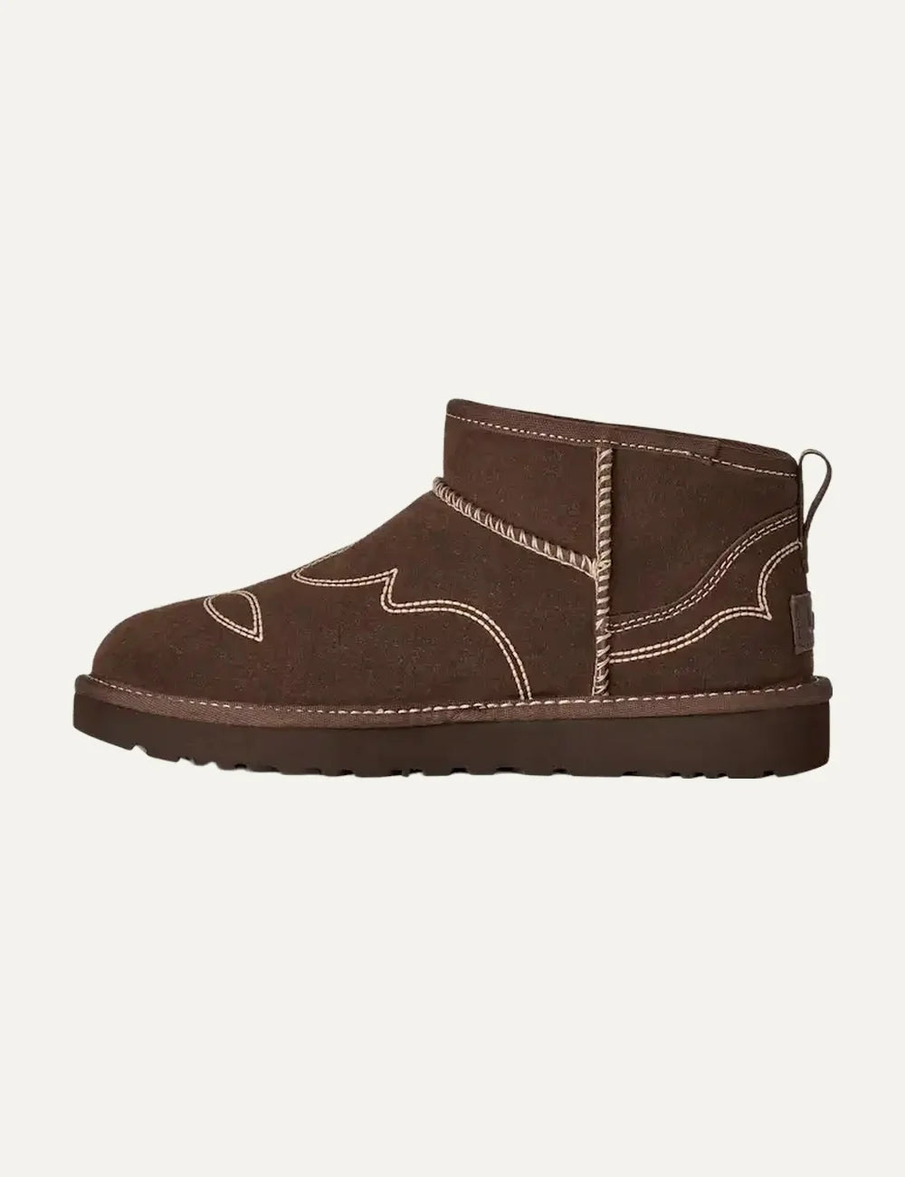 UGG Women’s Dark Brown Suede Classic Ultra Mini Western Boots with Beige Embroidery profile