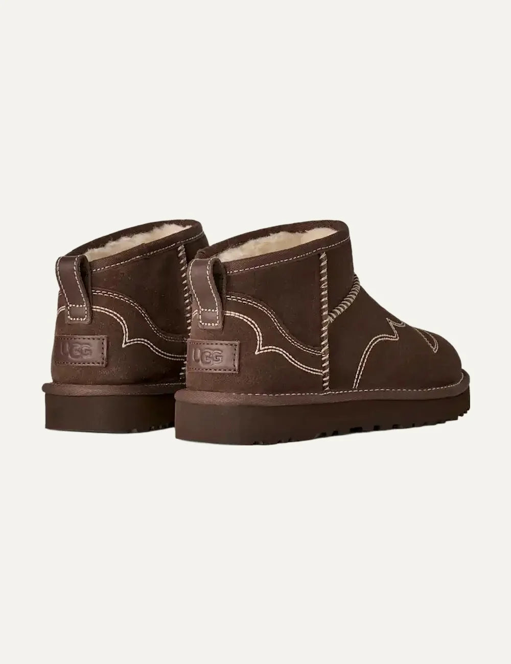 UGG Women’s Dark Brown Suede Classic Ultra Mini Western Boots with Beige Embroidery back