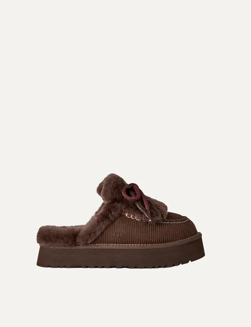 UGG Women’s Dark Brown Suede Disquette Heritage Platform Slippers with Sheepskin Trim