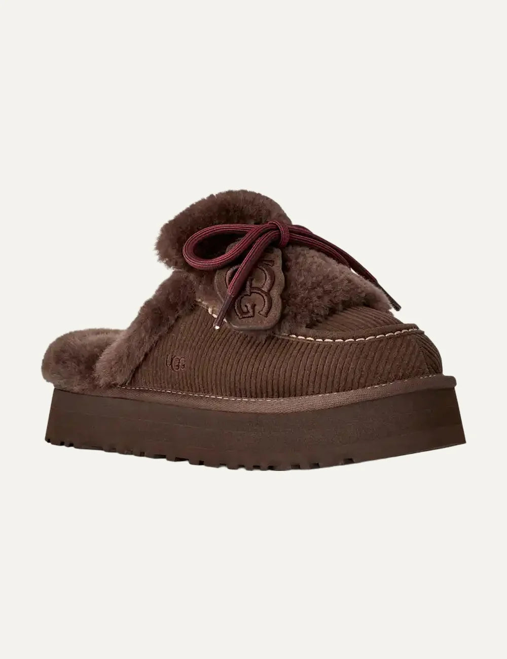 UGG Women’s Dark Brown Suede Disquette Heritage Platform Slippers with Sheepskin Trim angled