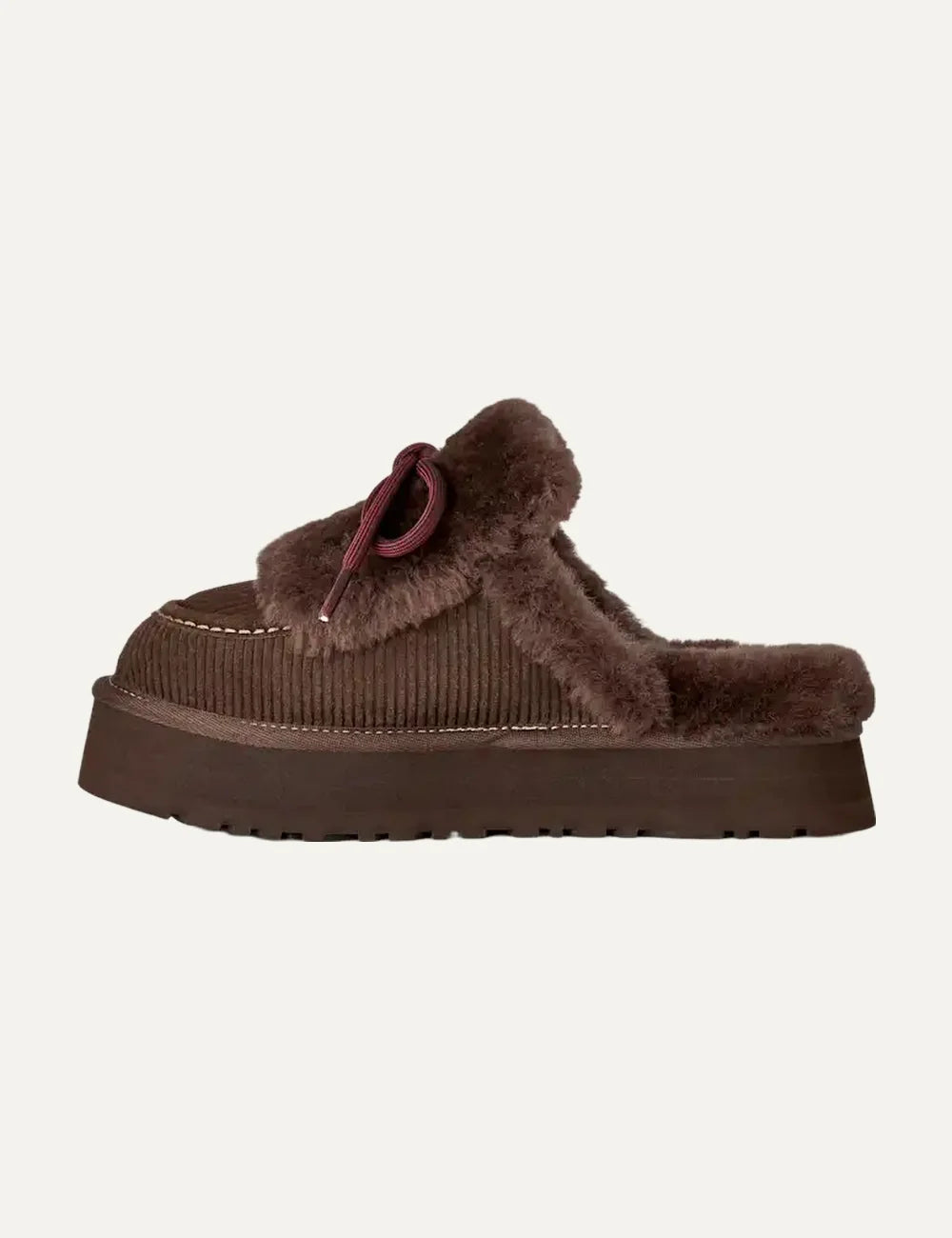 UGG Women’s Dark Brown Suede Disquette Heritage Platform Slippers with Sheepskin Trim profie