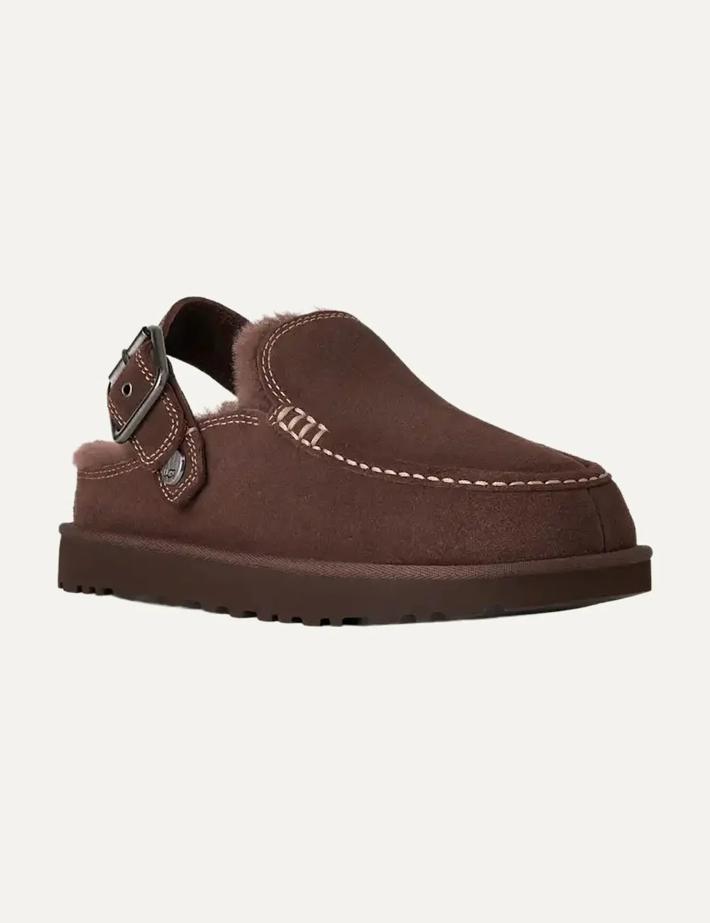 UGG Women’s Dark Brown Suede Goldenstar Evelina Clogs with Adjustable Buckle Strap angled