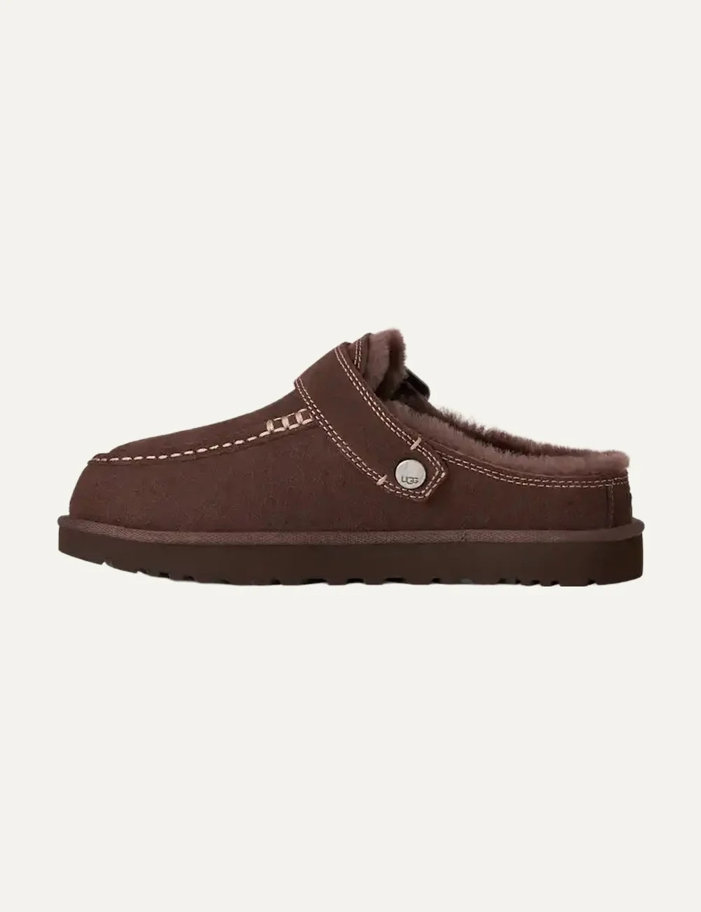 UGG Women’s Dark Brown Suede Goldenstar Evelina Clogs with Adjustable Buckle Strap profile