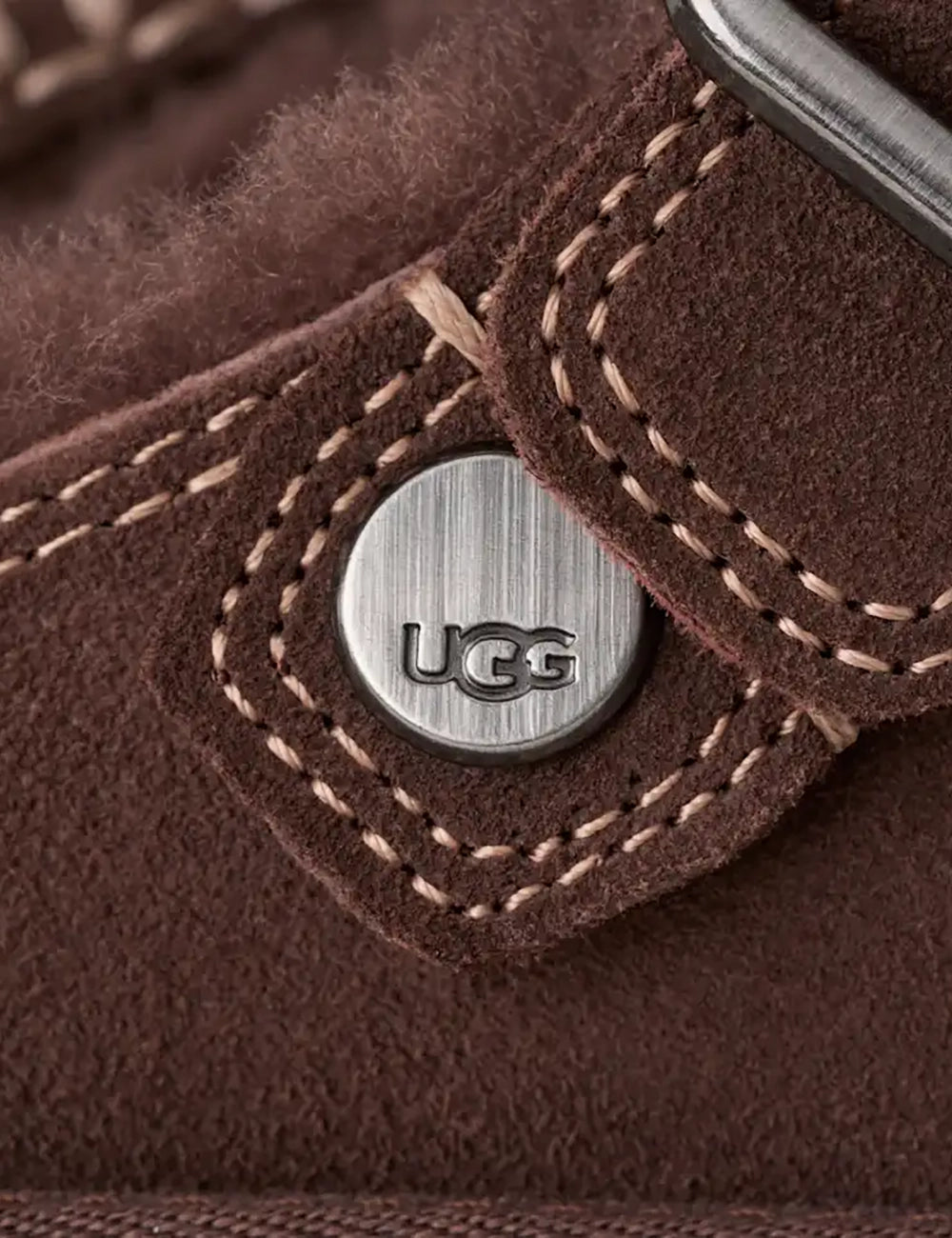 UGG Women’s Dark Brown Suede Goldenstar Evelina Clogs with Adjustable Buckle Strap detail