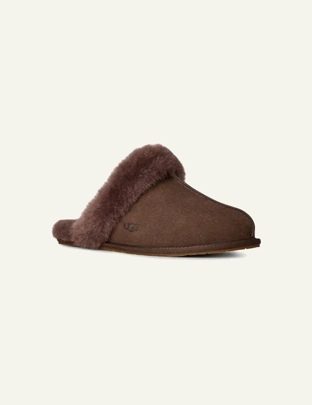 UGG Women’s Dark Brown Suede Slippers with Sheepskin Trim angled