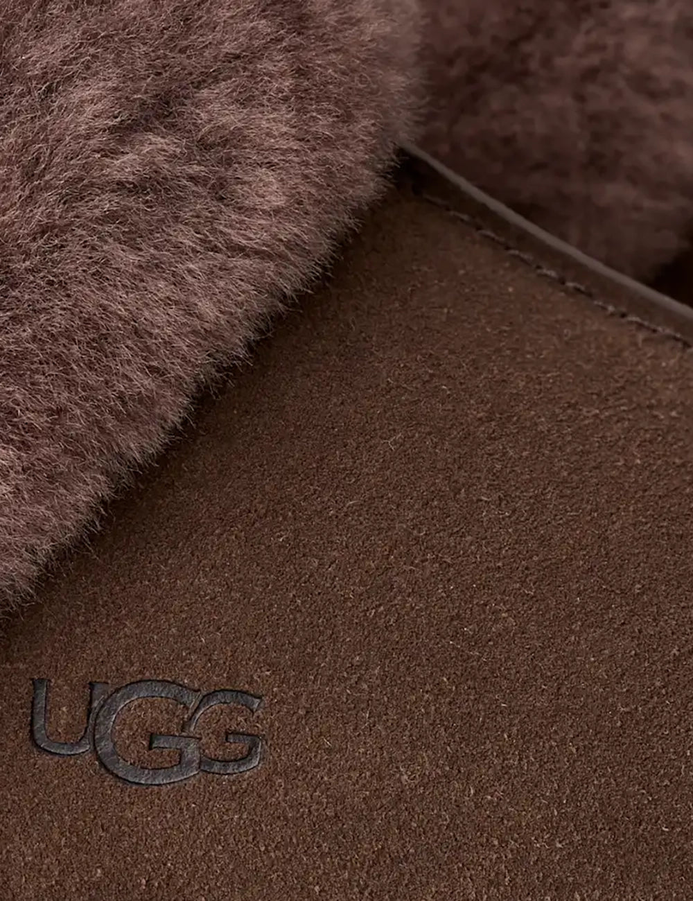 UGG Women’s Dark Brown Suede Slippers with Sheepskin Trim detail