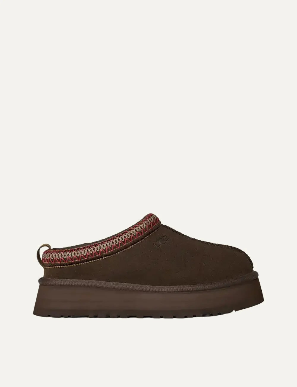 UGG women's Tazz II platform slippers in Dusted Cocoa dark brown suede, featuring multicolored UGGbraid trim, plush sheepskin lining, open back and chunky platform sole.