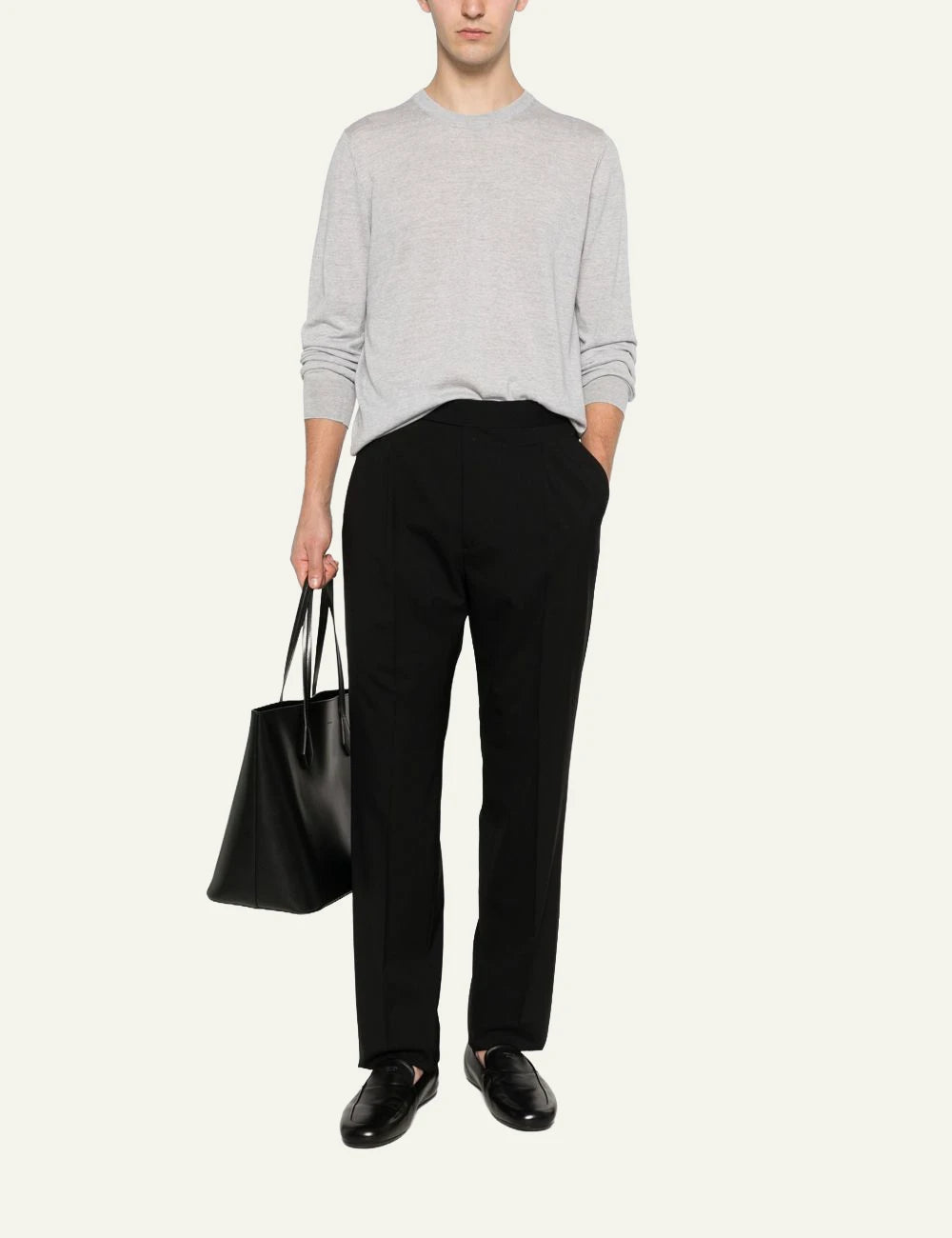 Umit Benan black pleated pants straight leg regular fit front full body view