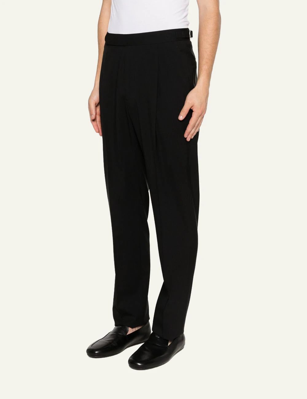 Umit Benan black pleated pants straight leg regular fit side view