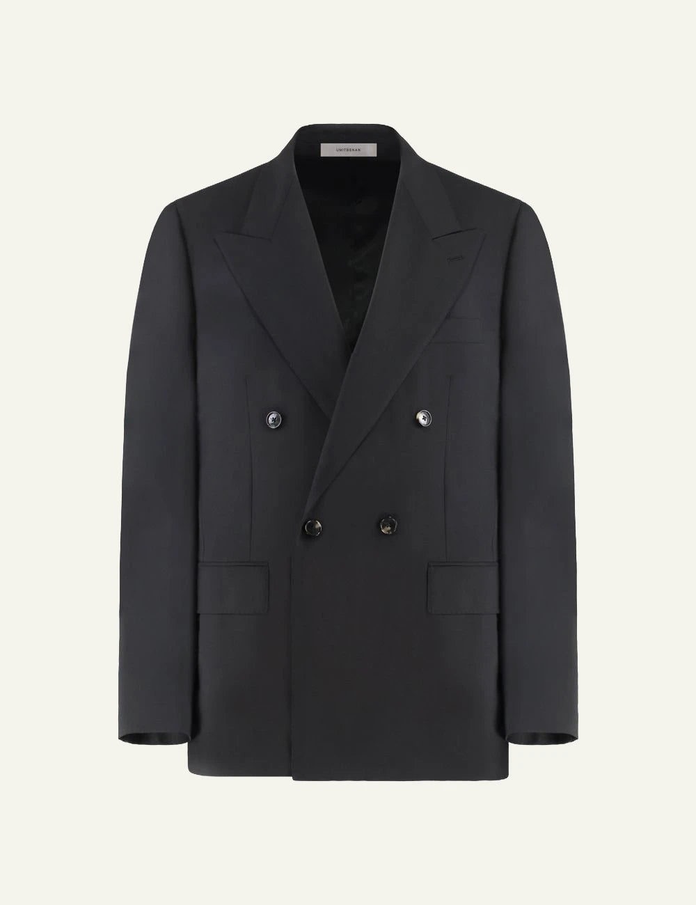 Umit Benan double breasted wool blazer black tailored fit front flat view