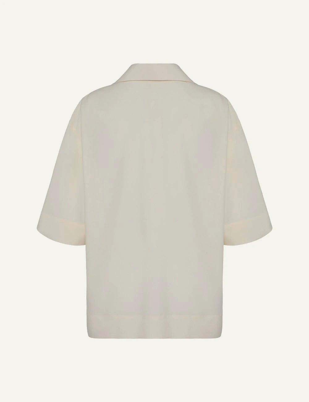 Umit Benan Michelle silk shirt beige short sleeve camp collar back flat view