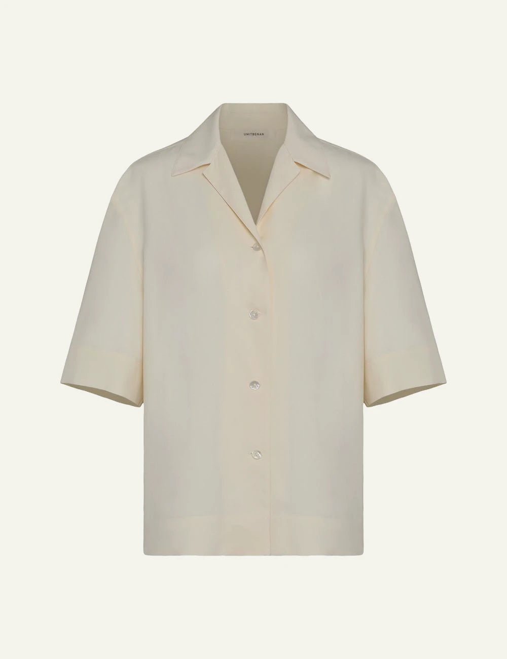 Umit Benan Michelle silk shirt beige short sleeve camp collar front flat view