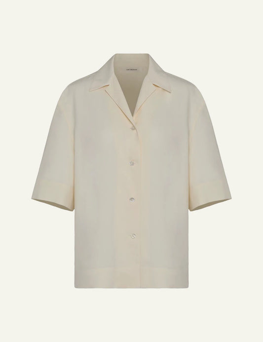 Umit Benan Michelle silk shirt beige short sleeve camp collar front flat view