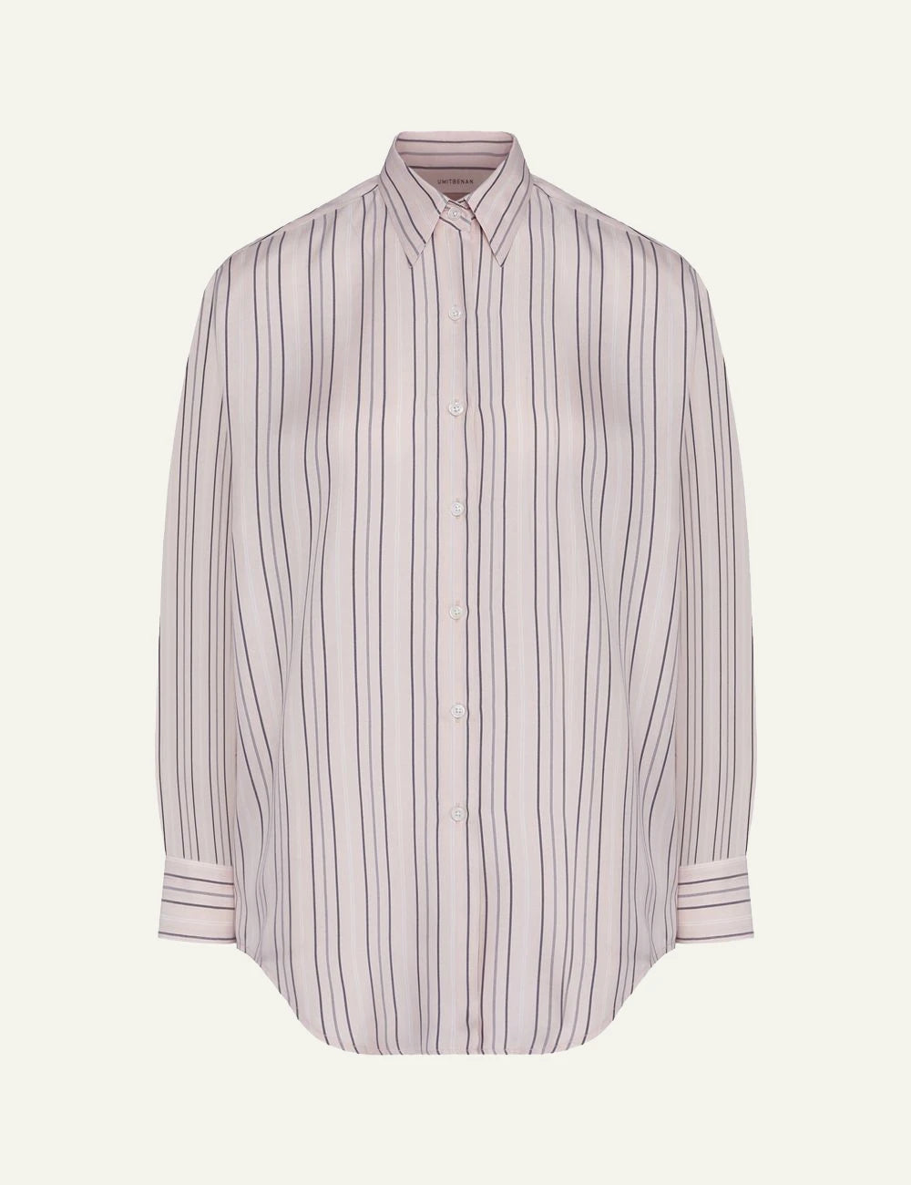Umit Benan striped silk shirt beige loose fit front flat view