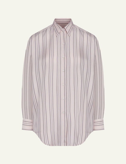Umit Benan striped silk shirt beige loose fit front flat view