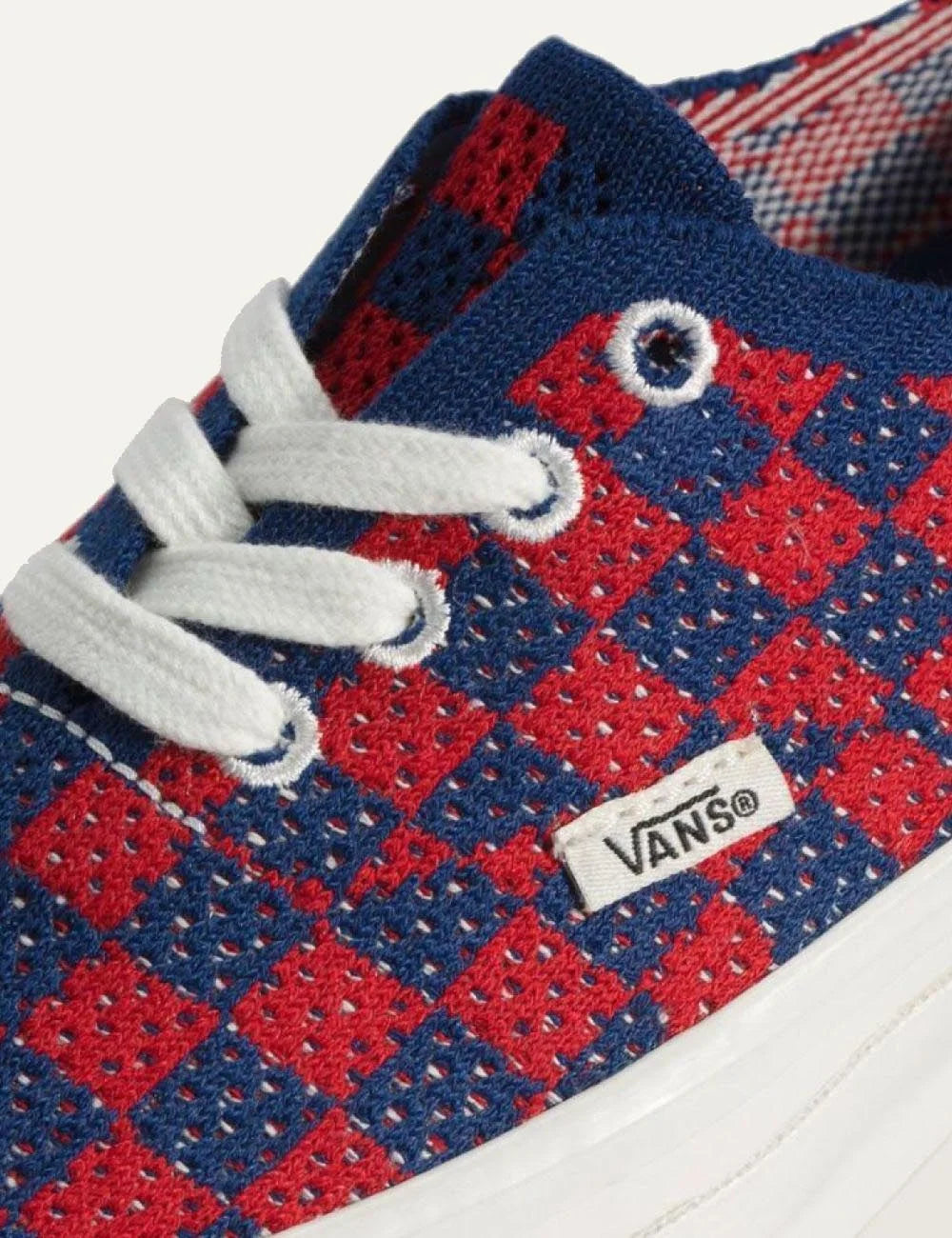 vans authentic sneakers red blue checkerboard detail view