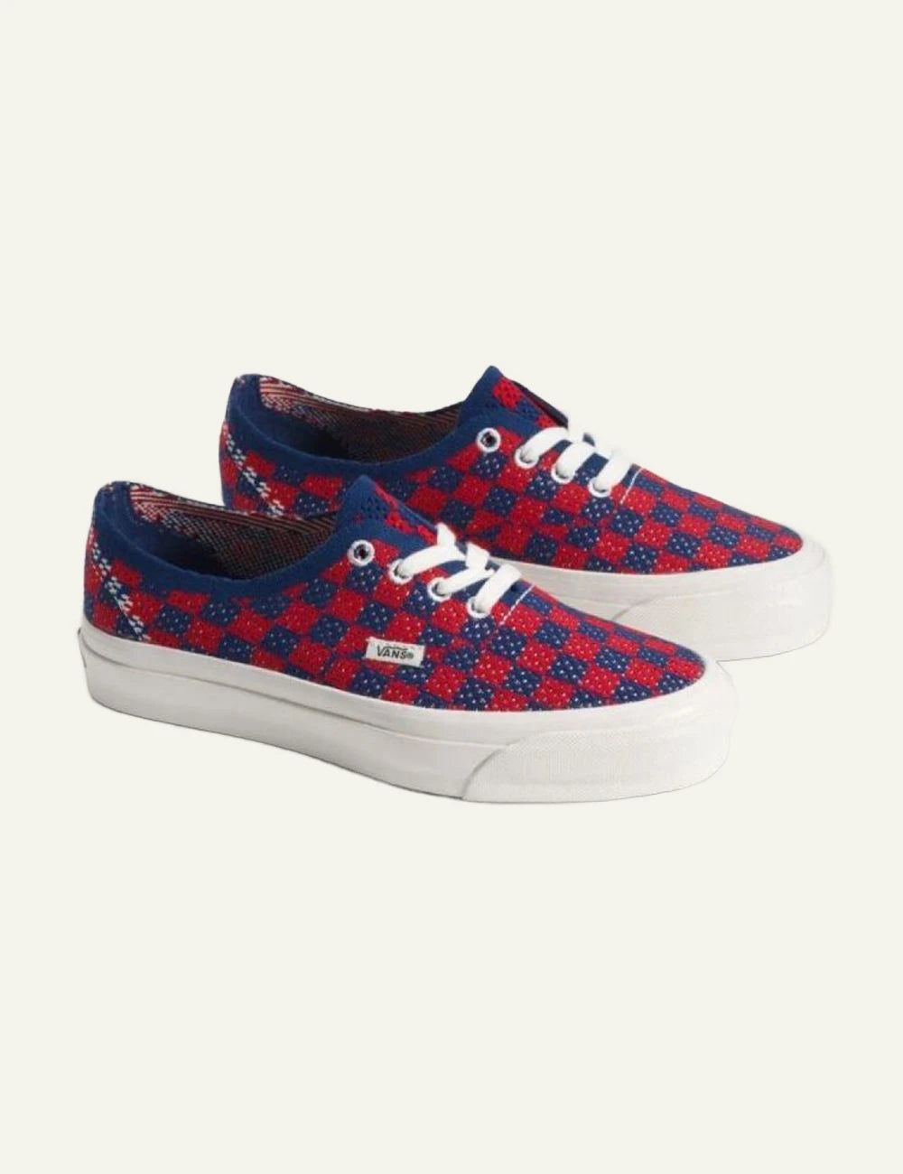 vans authentic sneakers red blue checkerboard angled view