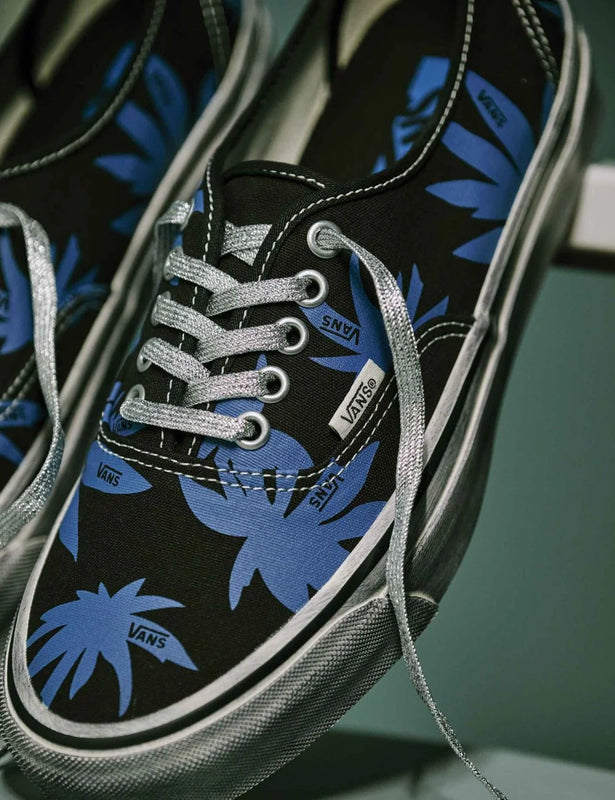 Vans LX Authentic 44 black blue floral canvas sneaker detail logo view