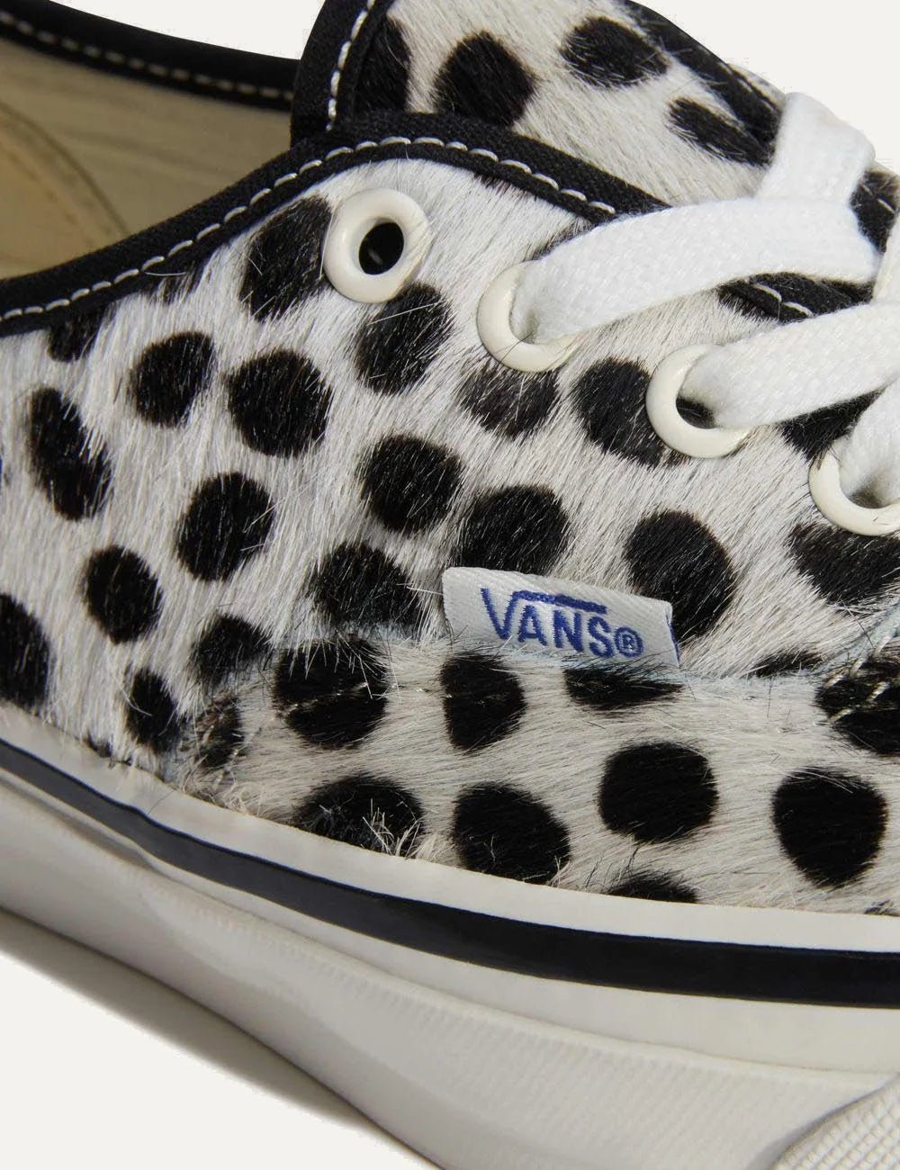 Vans LX Authentic 44 dalmatian pony hair sneaker black white side logo view