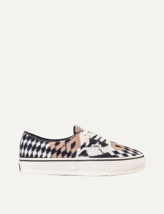 Vans LX Authentic 44 x Pringle of Scotland women's sneakers in black, cream and brown, featuring a brushed wool diamond pattern upper, lace-up fastening and rubber waffle sole side view