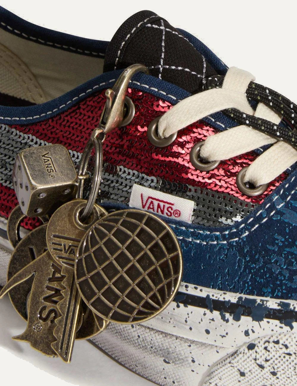 Vans LX Authentic 44 red navy sequins sneaker detail view with charms