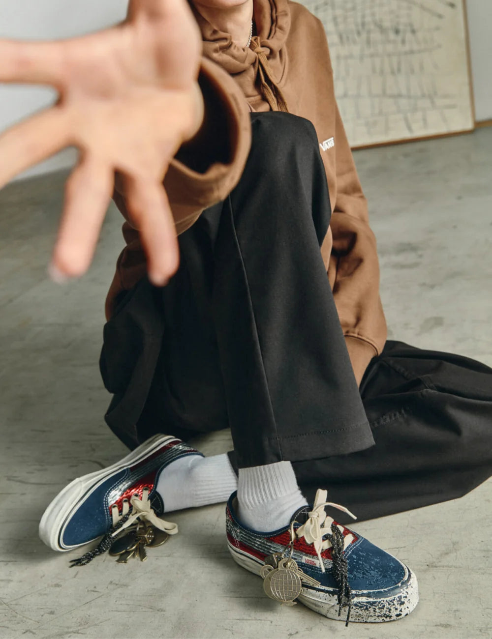 Vans LX Authentic 44 red navy sequins sneaker model view with charms