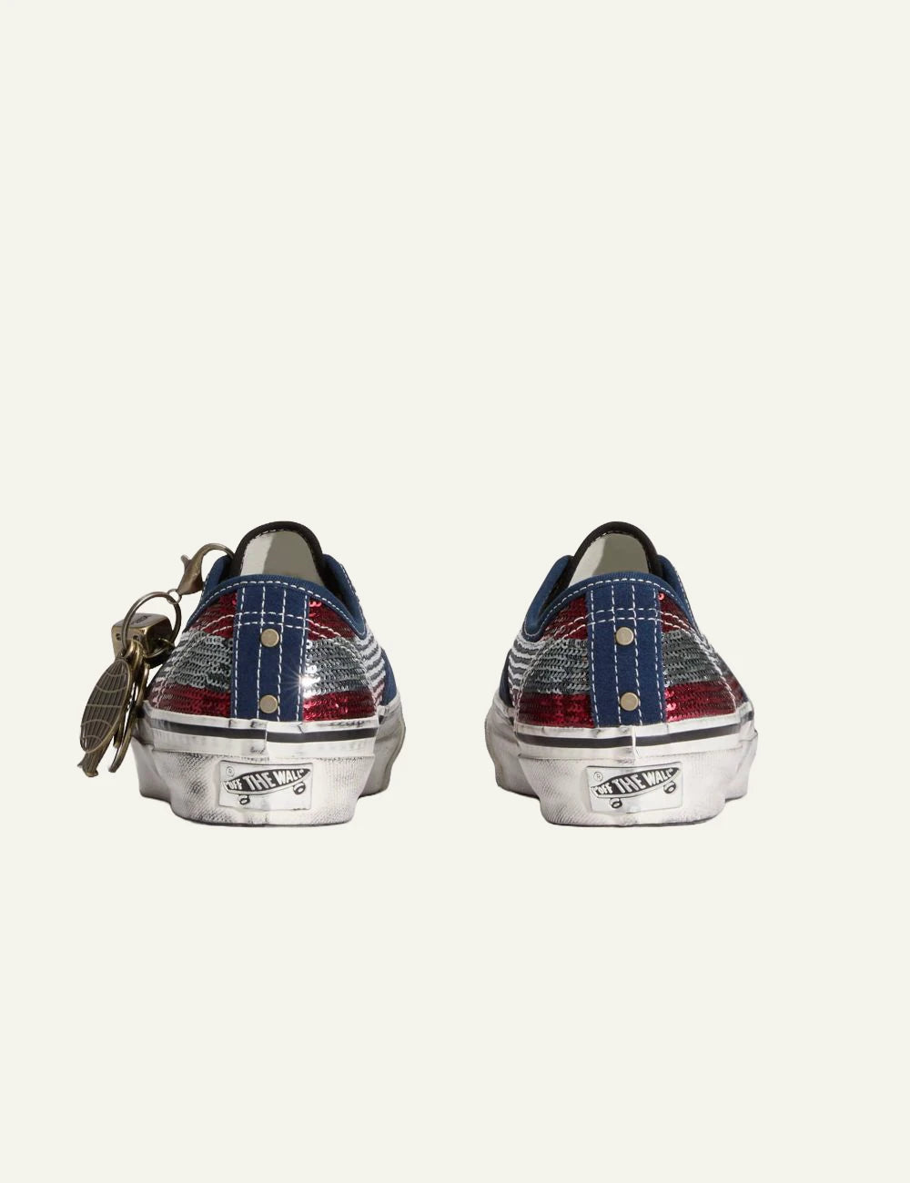 Vans LX Authentic 44 red navy sequins sneaker back view with charms