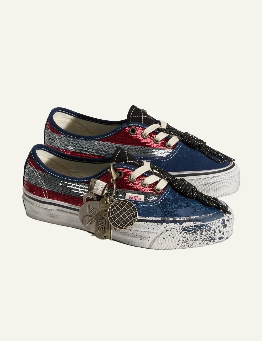 Vans LX Authentic 44 red navy sequins sneaker profile view with charms
