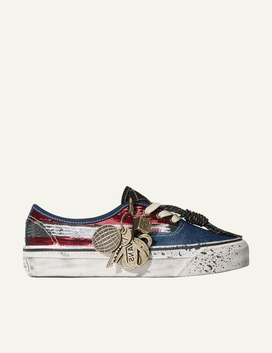 Vans LX Authentic 44 red navy sequins sneaker side view with charms