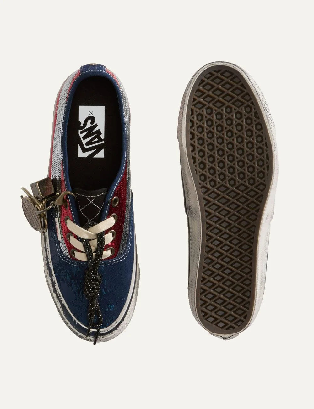 Vans LX Authentic 44 red navy sequins sneaker top view with charms