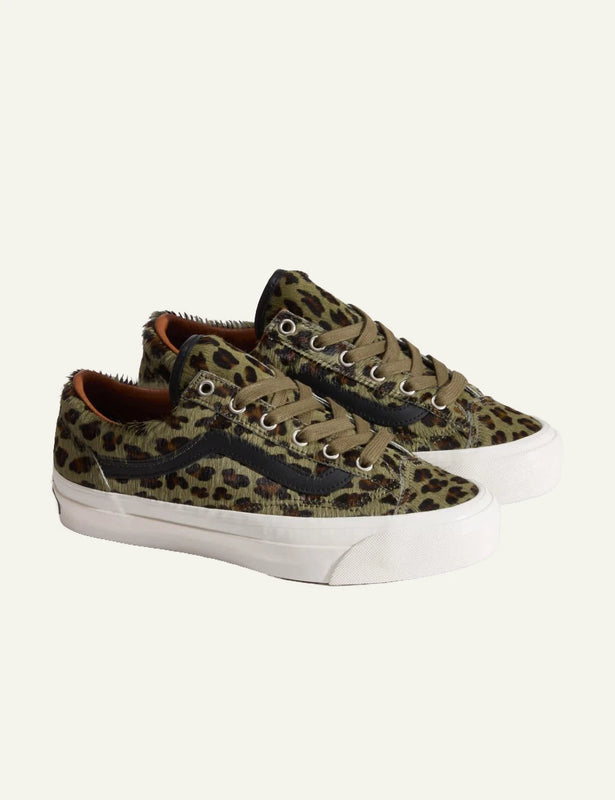 Vans LX Old Skool 36 olive leopard pony hair sneaker profile view