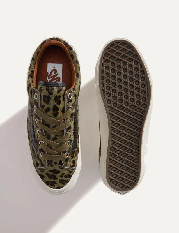 Vans LX Old Skool 36 olive leopard pony hair sneaker top view
