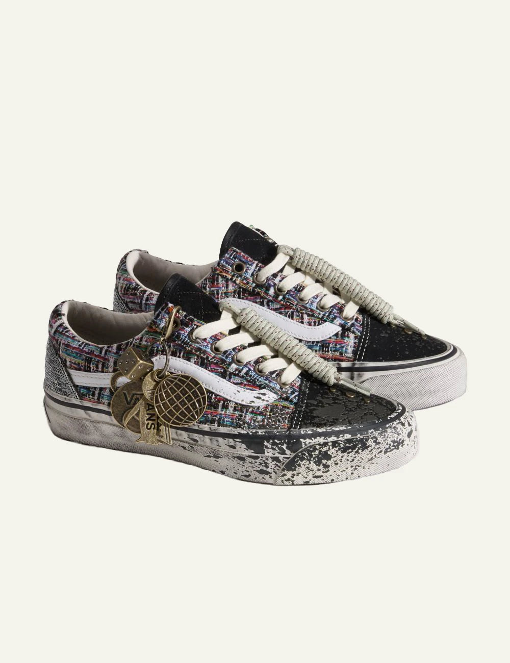 Vans LX Old Skool black gray glitter sneaker profile view with charms