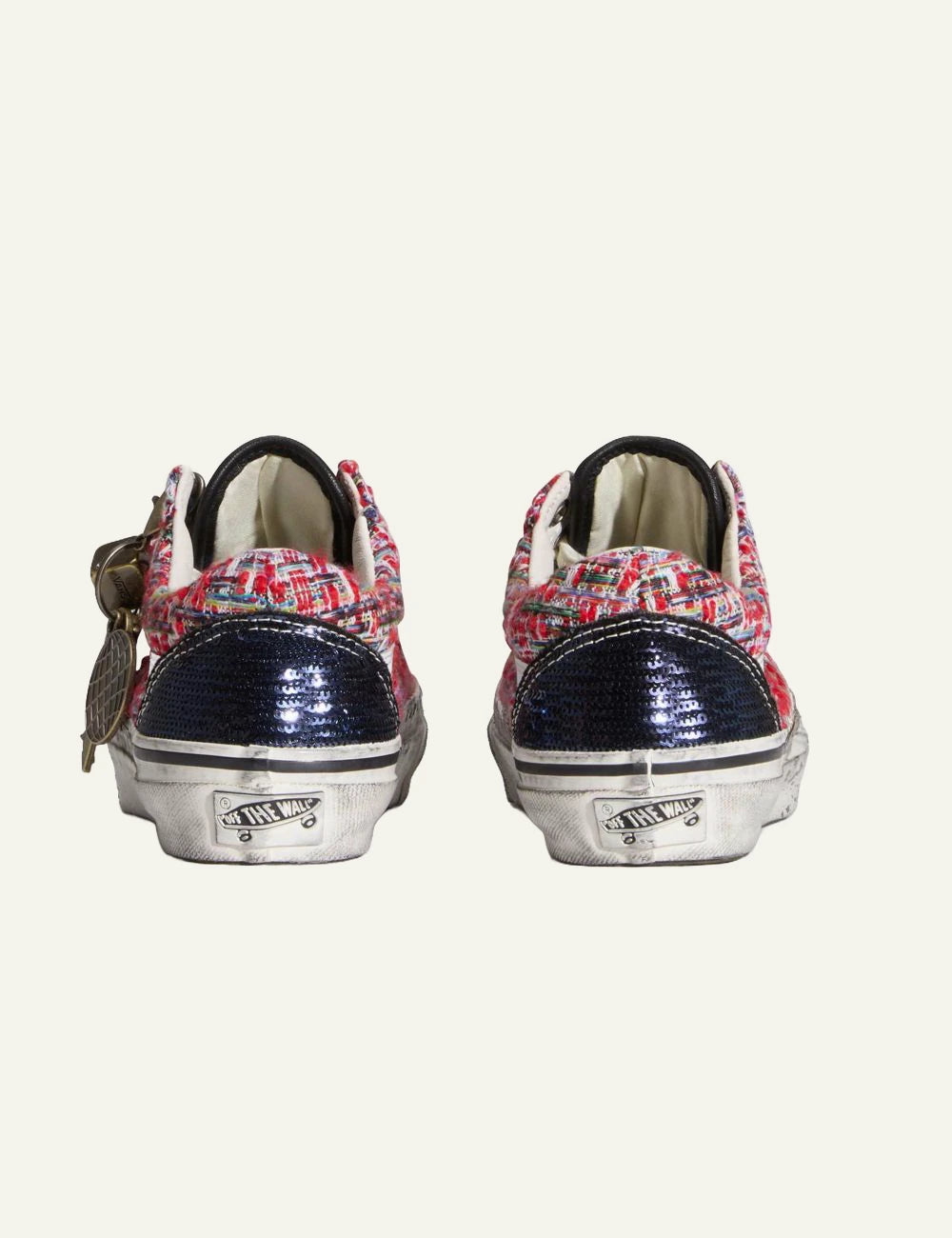 Vans LX Old Skool black multi tweed glitter sneaker back view with charms