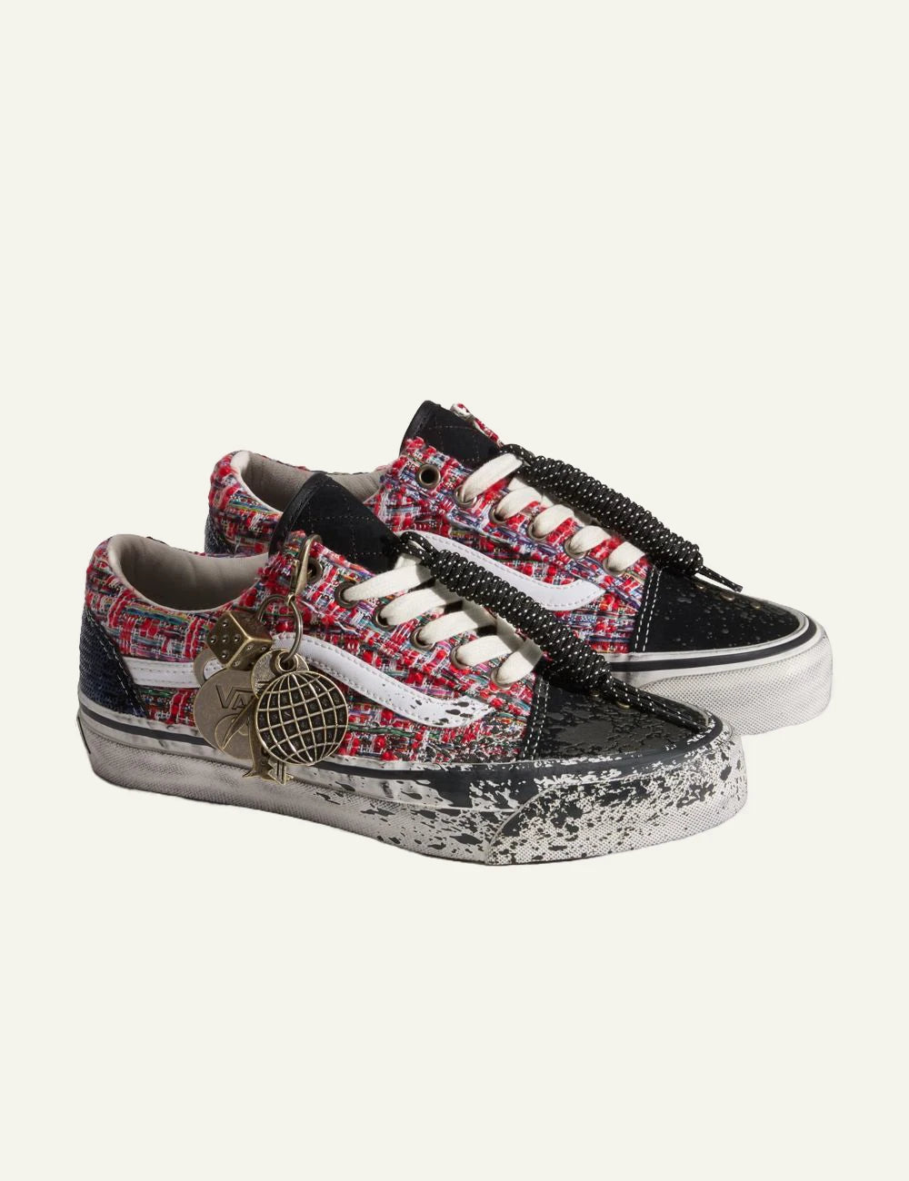 Vans LX Old Skool black multi tweed glitter sneaker profile view with charms