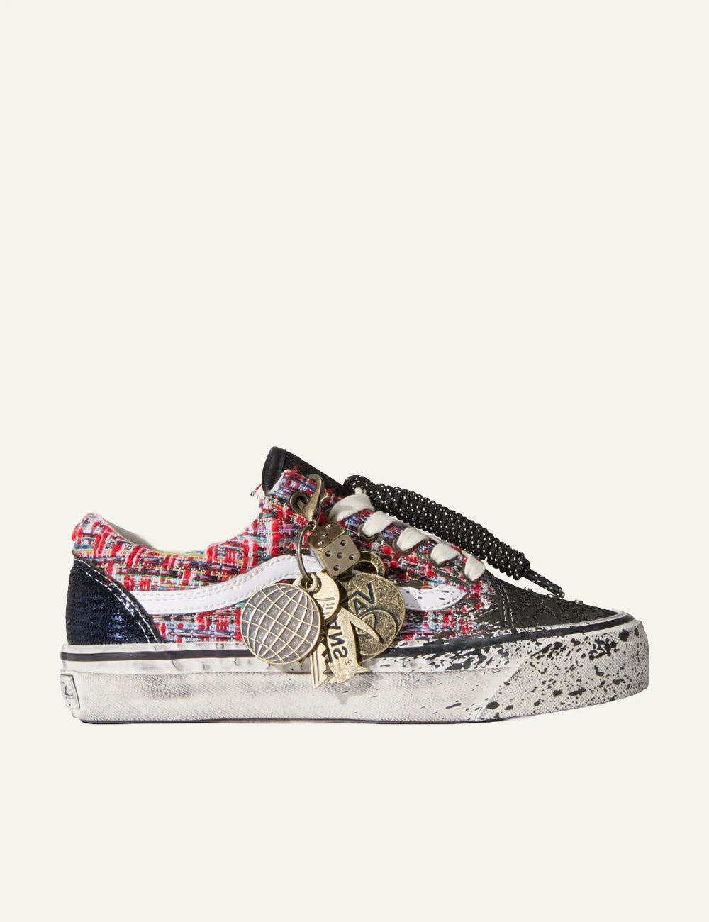 Vans LX Old Skool black multi tweed glitter sneaker side view with charms