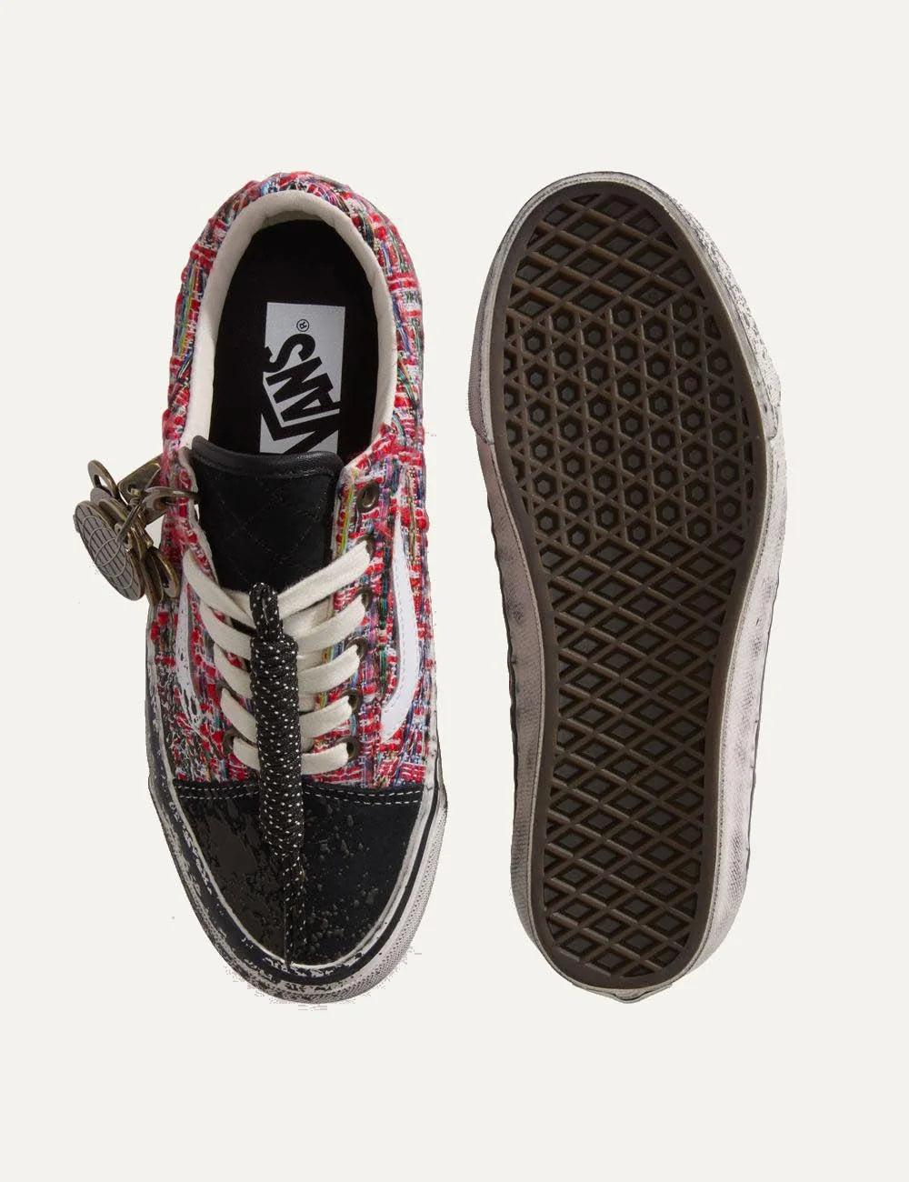 Vans LX Old Skool black multi tweed glitter sneaker top view with charms