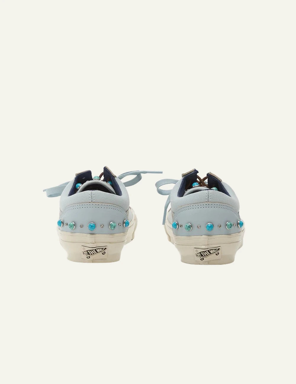 Vans LX Old Skool light blue leather textile sneaker back view with studs