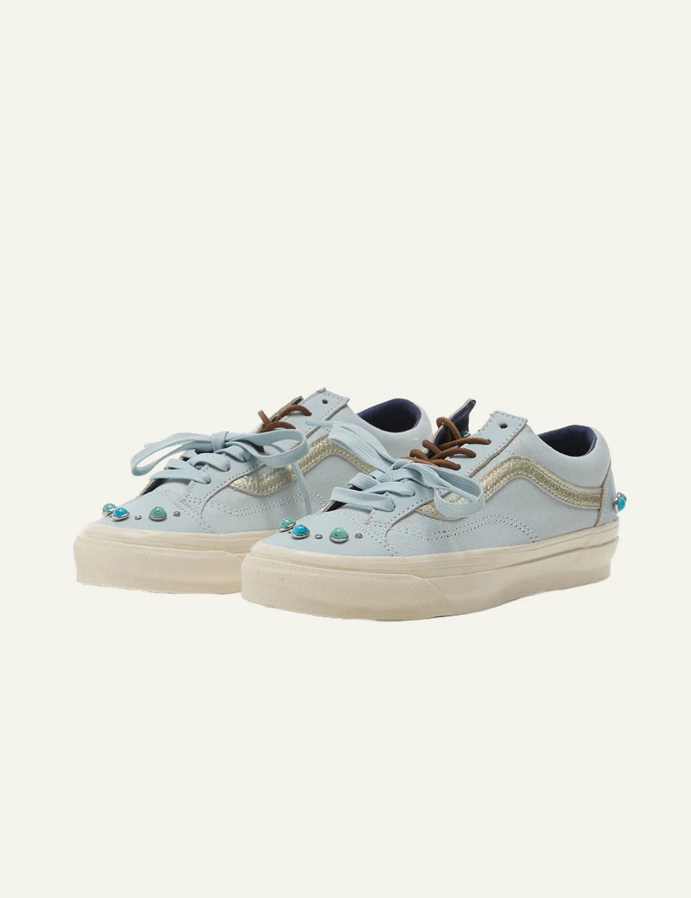 Vans LX Old Skool light blue leather textile sneaker profile view with studs
