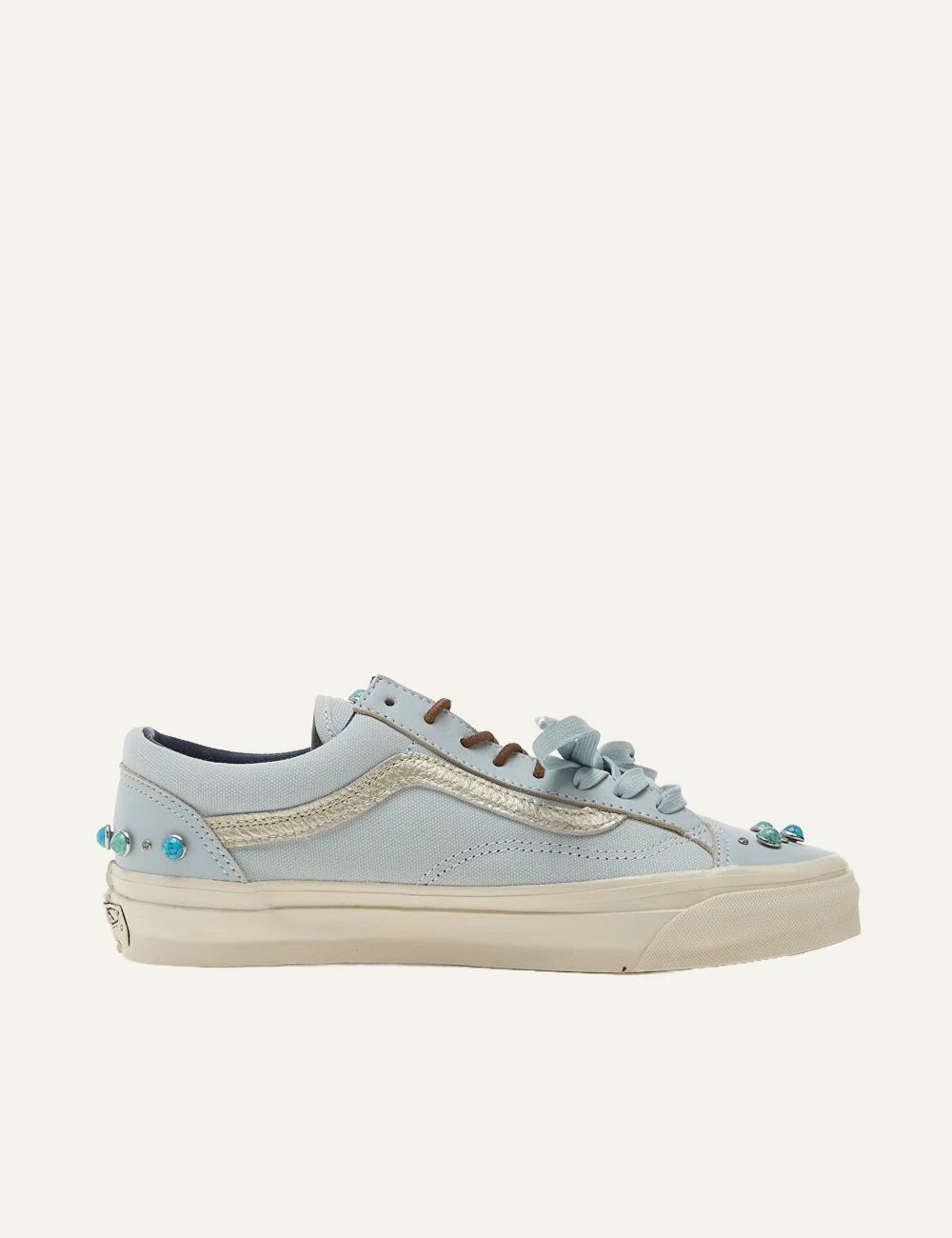 Vans LX Old Skool light blue leather textile sneaker side view with studs