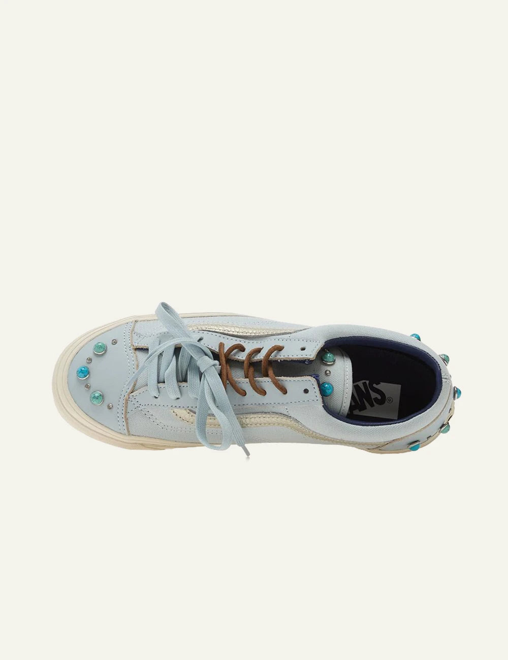 Vans LX Old Skool light blue leather textile sneaker top view with studs