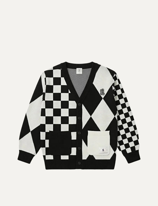 Vans men's black and white knitted cardigan with mixed checkerboard and argyle patterns, V-neck, button fastening, two front pockets and embroidered chest logo.