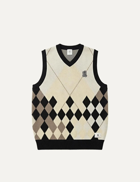 Vans men's cream, black and beige knitted sweater vest featuring argyle diamond pattern, V-neck, contrasting black ribbed trims, embroidered chest logo and woven label at hem.