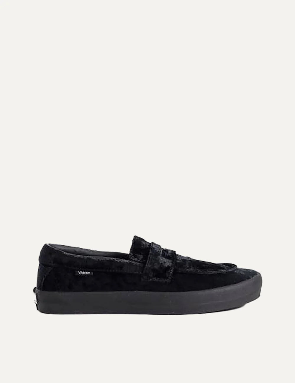 Vans Skate Loafer men's black velvet slip-on sneakers with classic loafer strap, low-profile silhouette and black vulcanized rubber waffle sole side view
