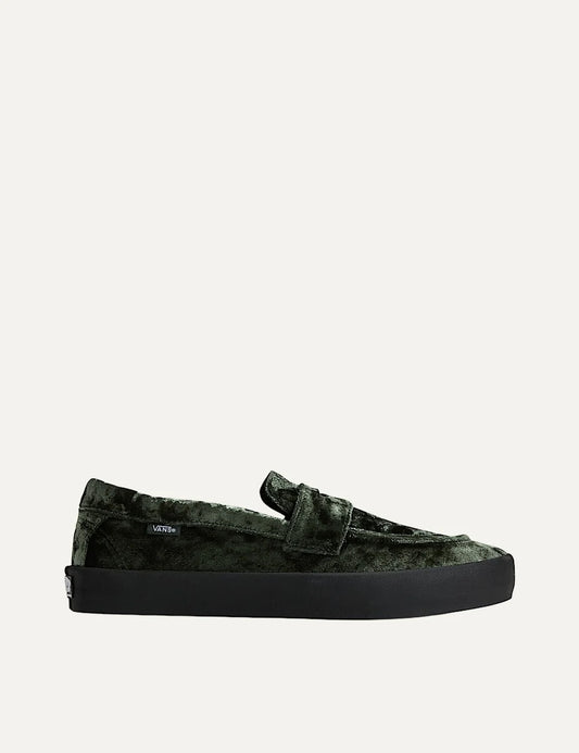 Vans Skate Loafer men's dark green velvet-effect slip-on sneakers with classic loafer strap, low-profile silhouette and black rubber sole side view