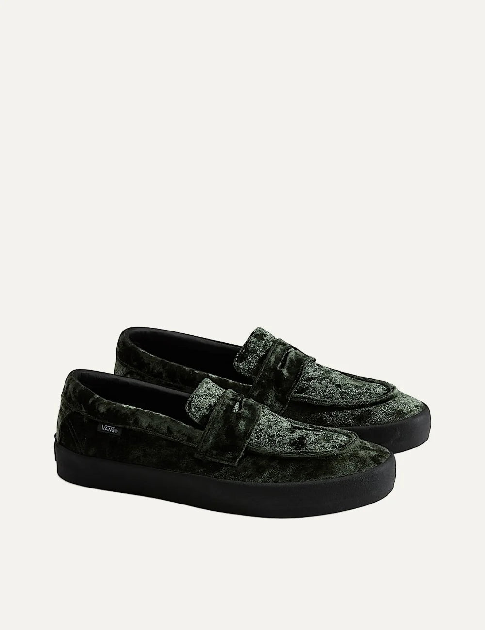 Vans Skate Loafer men's dark green velvet-effect slip-on sneakers with classic loafer strap, low-profile silhouette and black rubber sole pair side view