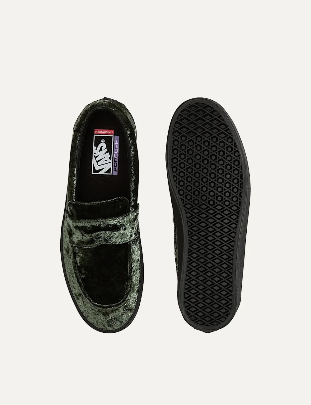 Vans Skate Loafer men's dark green velvet-effect slip-on sneakers with classic loafer strap, low-profile silhouette and black rubber sole top and sole view