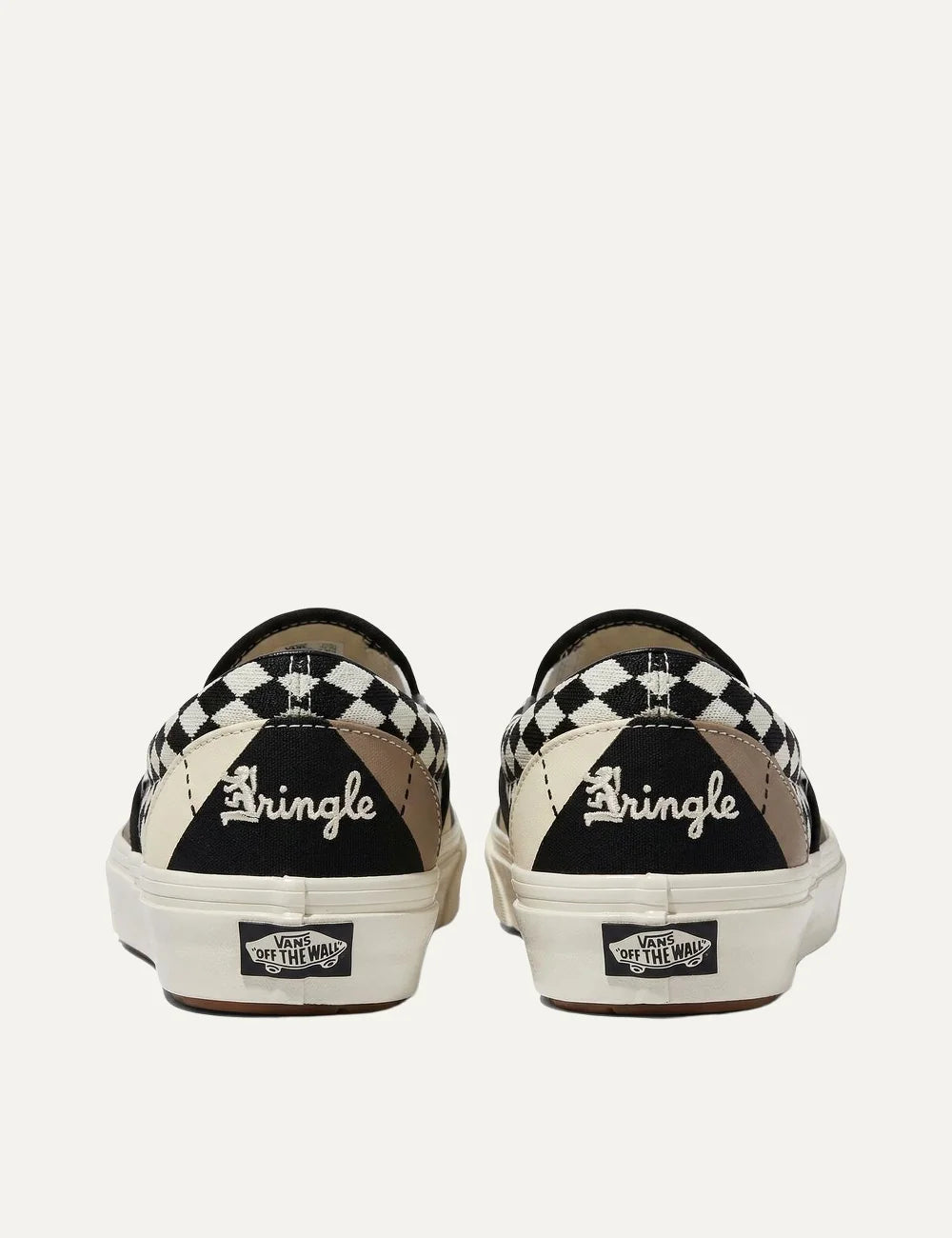 Vans x Pringle of Scotland unisex LX Classic Slip-On 98 sneakers in cream, black and beige, featuring mixed checkerboard and geometric patterns, elastic side panels and white rubber sole back view