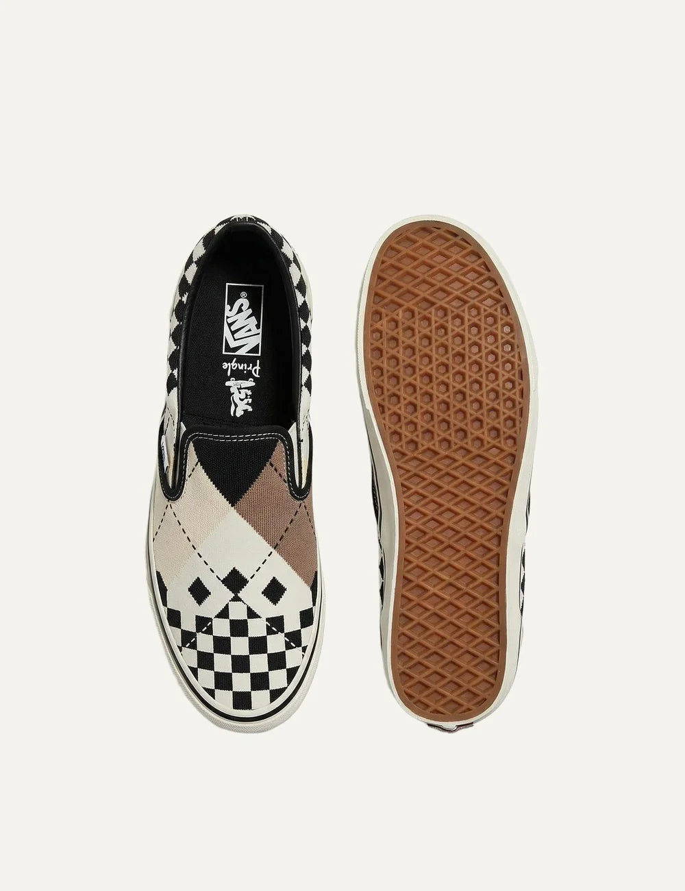 Vans x Pringle of Scotland unisex LX Classic Slip-On 98 sneakers in cream, black and beige, featuring mixed checkerboard and geometric patterns, elastic side panels and white rubber sole top amd sole view